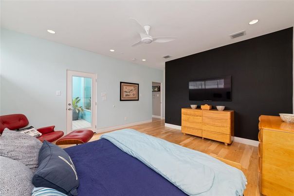 Bedroom, Interior, Recessed Lighting, Wood Texture Flooring