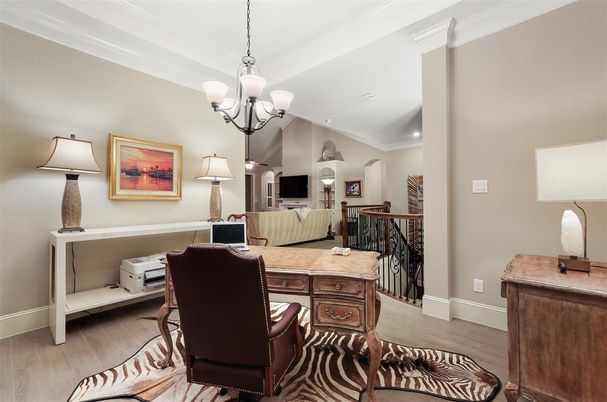 Chandelier, Home Office, Interior, Recessed Lighting, Wood Texture Flooring