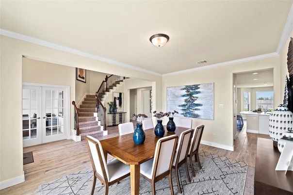 Dining room, Interior, Recessed Lighting, Wood Texture Flooring