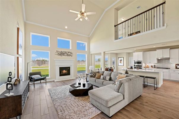 Fireplace, Interior, Kitchen, Living room, Recessed Lighting, Wood Texture Flooring
