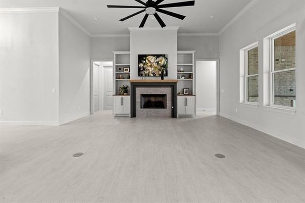Empty room, Fireplace, Interior, Recessed Lighting, Wood Texture Flooring