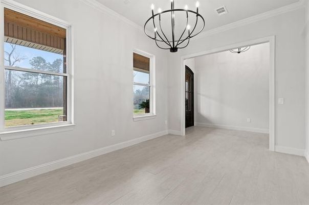 Chandelier, Empty room, Interior, Pendant Lights, Wood Texture Flooring