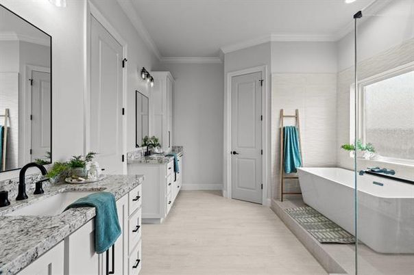 Bathroom, Dual Sink Vanities, Free Standing Baths, Interior, Recessed Lighting, Wood Texture Flooring