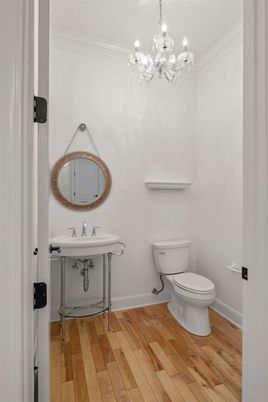 Bathroom, Chandelier, Interior, Wood Texture Flooring