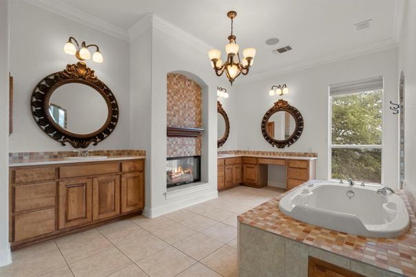 Bathroom, Chandelier, Dual Sink Vanities, Fireplace, Interior