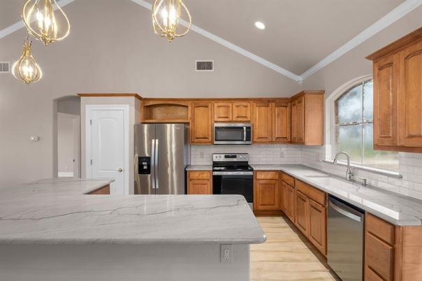 Interior, Kitchen, Pendant Lights, Recessed Lighting, Stainless Steel Appliances, Wood Texture Flooring