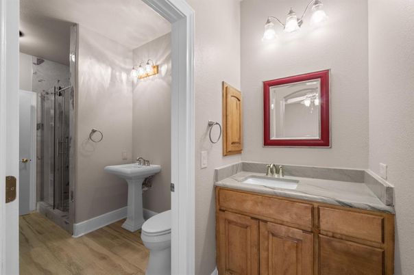 Bathroom, Glass Shower, Interior, Wood Texture Flooring