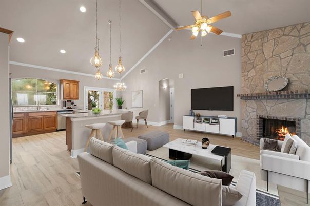 Dining room, Fireplace, Interior, Kitchen, Living room, Pendant Lights, Recessed Lighting, Stone Walls, Wood Texture Flooring