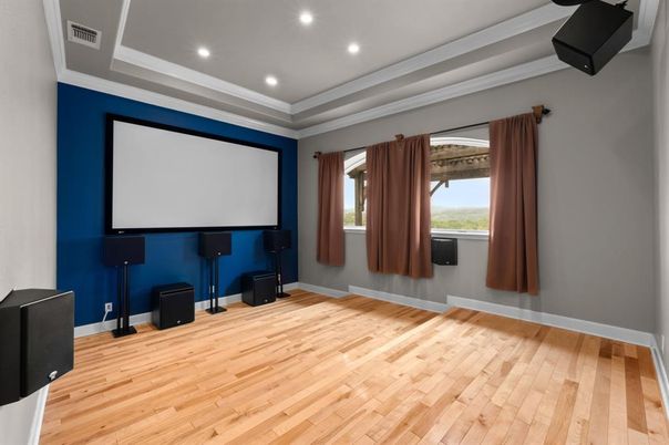Interior, Projection Screen, Recessed Lighting, Theatre Room, Wood Texture Flooring