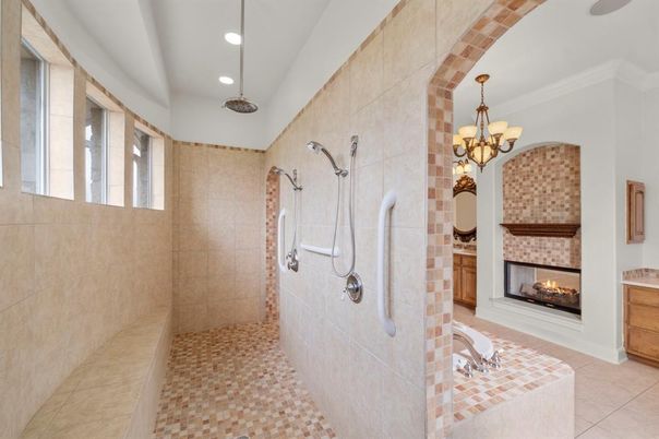 Bathroom, Chandelier, Fireplace, Interior, Recessed Lighting