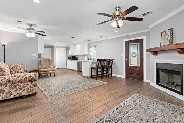 Fireplace, Interior, Kitchen, Living room, Pendant Lights, Recessed Lighting, Wood Texture Flooring