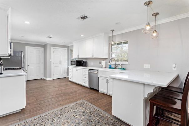 Interior, Kitchen, Pendant Lights, Recessed Lighting, Stainless Steel Appliances, Wood Texture Flooring