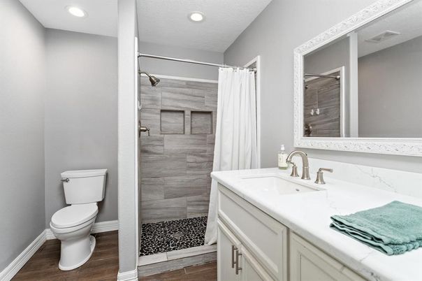 Bathroom, Glass Shower, Interior, Recessed Lighting, Wood Texture Flooring