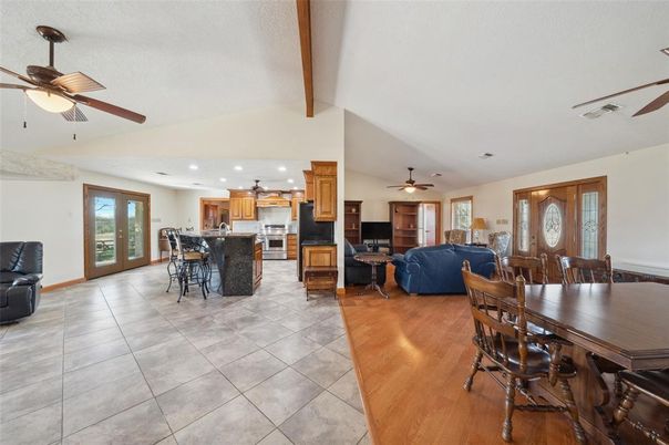 Dining room, Interior, Kitchen, Living room, Recessed Lighting, Wooden Beams, Wood Texture Flooring