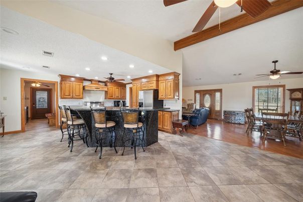 Dining room, Interior, Kitchen, Recessed Lighting, Wooden Beams