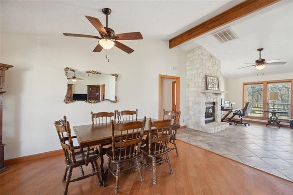Dining room, Fireplace, Interior, Stone Walls, Wooden Beams, Wood Texture Flooring
