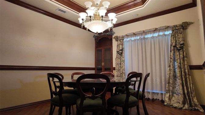 Chandelier, Dining room, Interior, Wood Texture Flooring