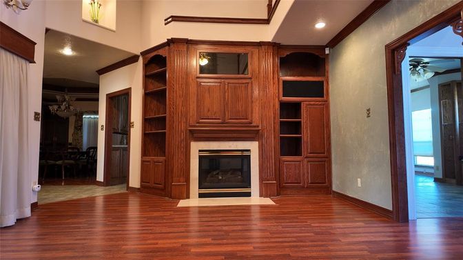 Fireplace, Interior, Recessed Lighting, Wood Texture Flooring