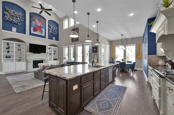 Dining room, Fireplace, Interior, Kitchen, Living room, Pendant Lights, Recessed Lighting, Wood Texture Flooring