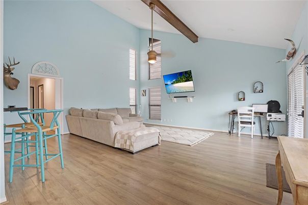 Interior, Living room, Pendant Lights, Wooden Beams, Wood Texture Flooring