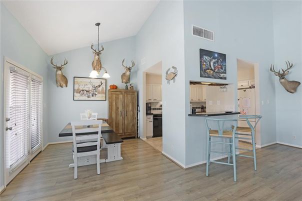 Dining room, Interior, Kitchen, Pendant Lights, Wood Texture Flooring