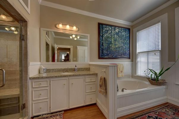 Bathroom, Glass Shower, Interior, Wood Texture Flooring
