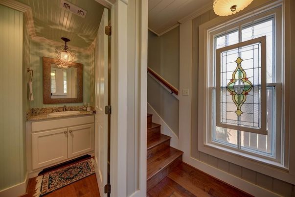 Bathroom, Interior, Pendant Lights, Wood Texture Flooring