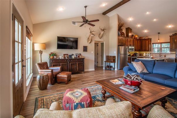 Interior, Kitchen, Living room, Recessed Lighting, Stainless Steel Appliances, Wooden Beams, Wood Texture Flooring