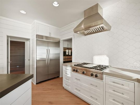 Interior, Kitchen, Recessed Lighting, Stainless Steel Appliances, Wood Texture Flooring