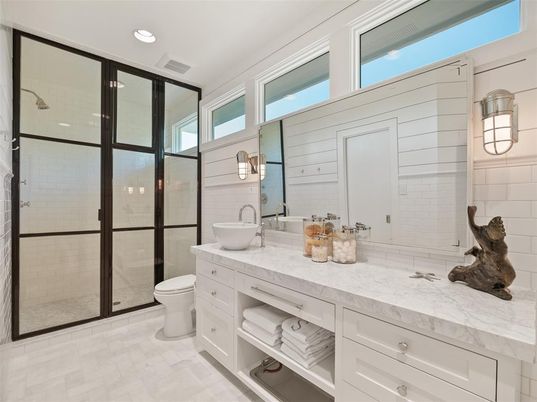 Bathroom, Dual Sink Vanities, Glass Shower, Interior, Recessed Lighting