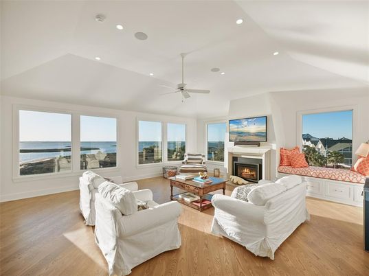 Fireplace, Interior, Living room, Recessed Lighting, Water, Wood Texture Flooring