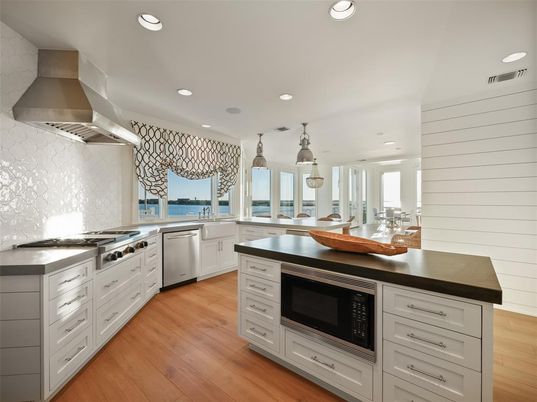 Interior, Kitchen, Pendant Lights, Recessed Lighting, Stainless Steel Appliances, Water, Wood Texture Flooring