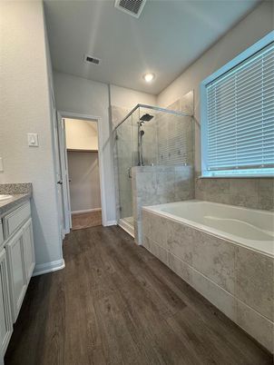 Bathroom, Glass Shower, Interior, Recessed Lighting, Wood Texture Flooring