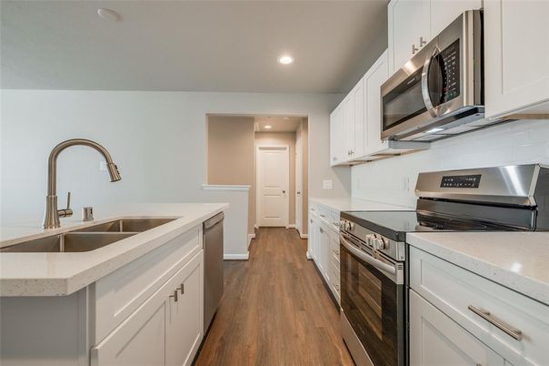 Interior, Kitchen, Recessed Lighting, Stainless Steel Appliances, Wood Texture Flooring