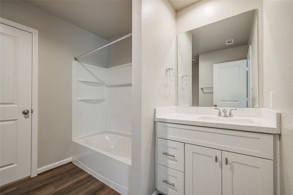 Bathroom, Dual Sink Vanities, Interior, Wood Texture Flooring