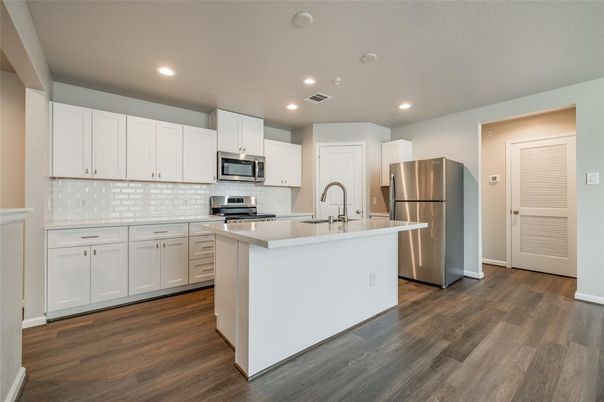 Interior, Kitchen, Recessed Lighting, Stainless Steel Appliances, Wood Texture Flooring