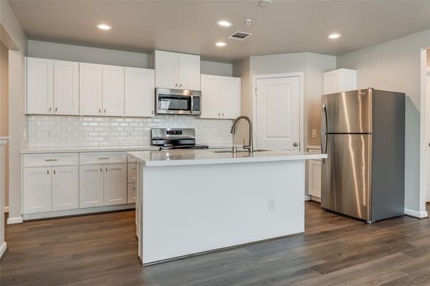Interior, Kitchen, Recessed Lighting, Stainless Steel Appliances, Wood Texture Flooring