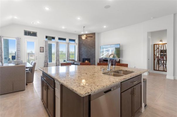 Dining room, Fireplace, Interior, Kitchen, Pendant Lights, Recessed Lighting, Stainless Steel Appliances