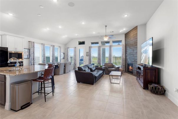 Dining room, Fireplace, Interior, Kitchen, Living room, Recessed Lighting
