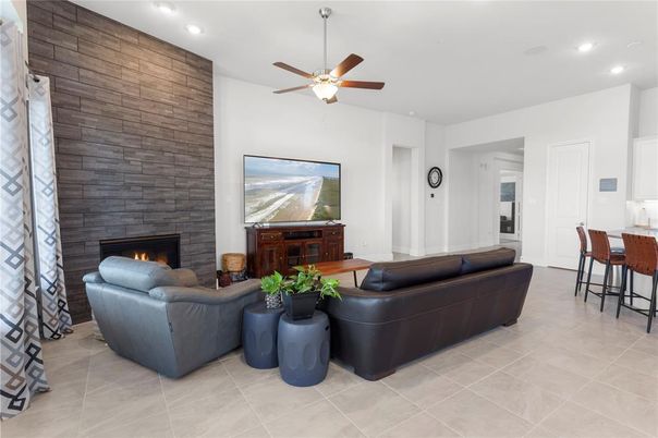 Fireplace, Interior, Living room, Recessed Lighting, Stone Walls