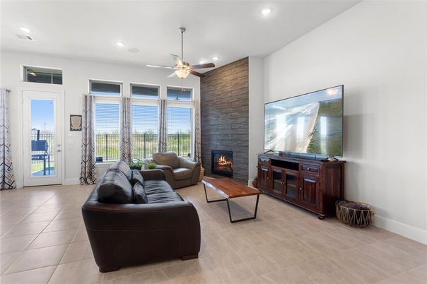 Fireplace, Interior, Living room, Recessed Lighting, Stone Walls