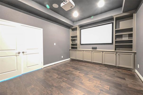 Interior, Projection Screen, Recessed Lighting, Theatre Room, Wood Texture Flooring