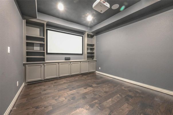 Interior, Projection Screen, Recessed Lighting, Theatre Room, Wood Texture Flooring