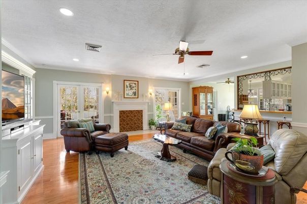 Fireplace, Interior, Living room, Recessed Lighting, Wood Texture Flooring