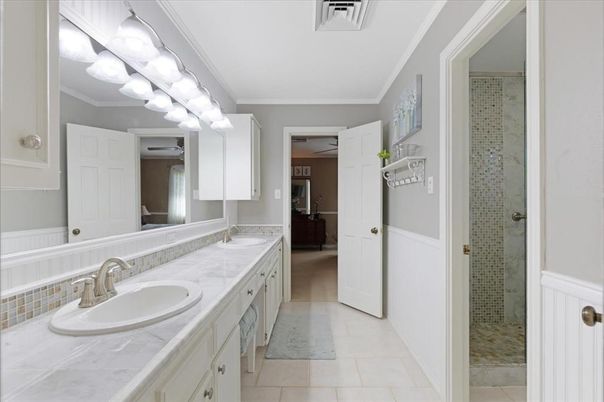 Bathroom, Dual Sink Vanities, Glass Shower, Interior, Tile Countertops
