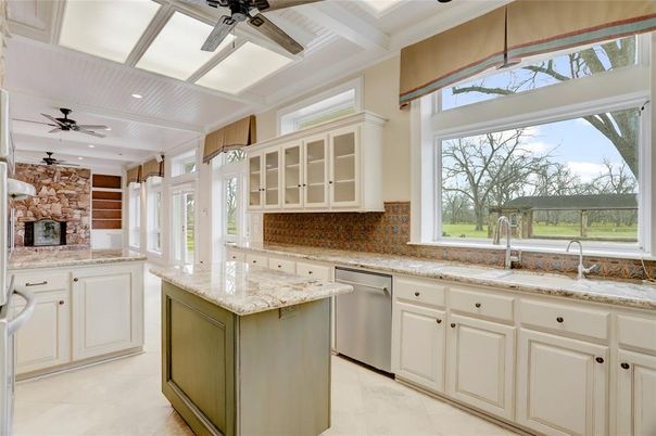 Fireplace, Interior, Kitchen, Recessed Lighting, Stone Walls