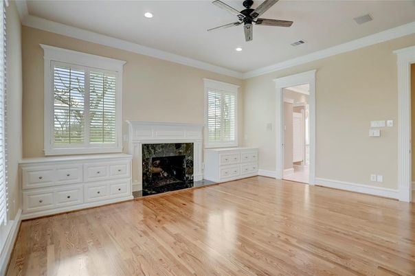 Empty room, Fireplace, Interior, Recessed Lighting, Wood Texture Flooring