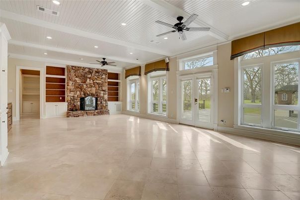 Empty room, Fireplace, Interior, Recessed Lighting, Stone Walls