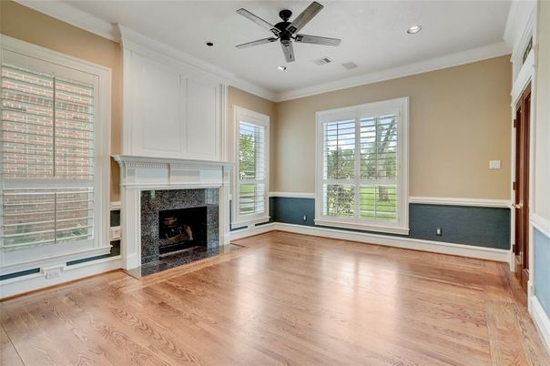 Empty room, Fireplace, Interior, Recessed Lighting, Wood Texture Flooring