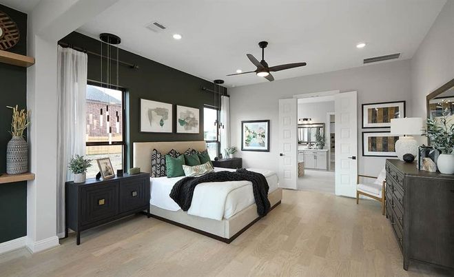 Bedroom, Interior, Pendant Lights, Recessed Lighting, Wood Texture Flooring